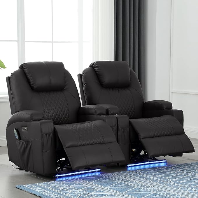 Power Recliner Chair with Heat and Massage PU Leather Home Theater Seating with LED Lights/Cup Holders/Side Pocket/USB Port Reclining Sofa Chair for Living Room (2 Black)