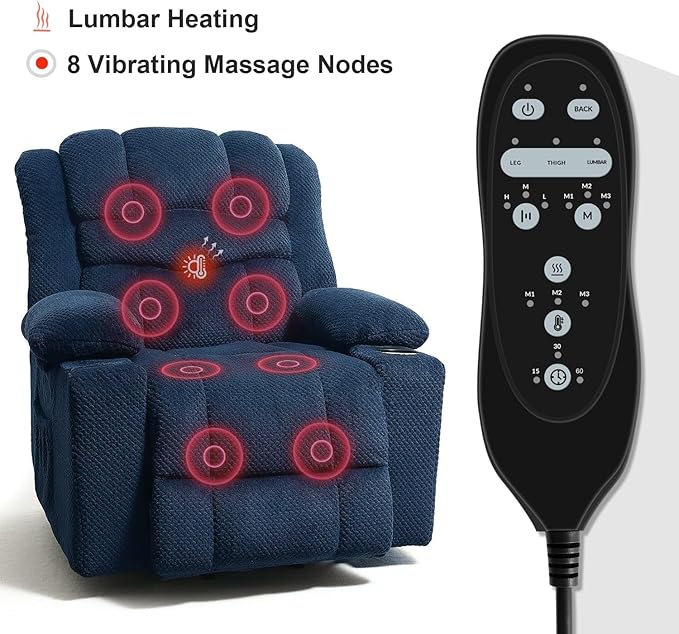 Power Lift Recliner Chair for Living Room Elderly with Massage Recliners Footrest Cup Holder Oversized Electric Heated Reclining Single Sofa Chairs Storage (Cyan)