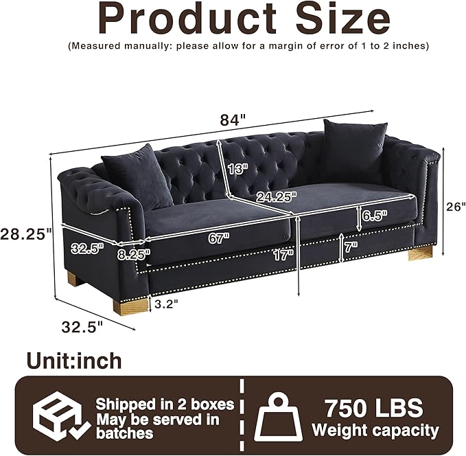KEIKI 84 Chesterfield Sofa Upholstered 3 Seat Couch with Rolled Arm for Living Room Bedroom Office Black