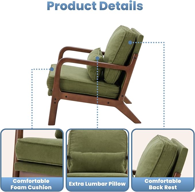 DUMOS Mid Century Modern Chair Set of 2 Accent Chair with Arms and Waist Cushion Reading Chairs for Adults Lounge Chair for Living Room and Bedroom Solid Wooden Frame Dark Green