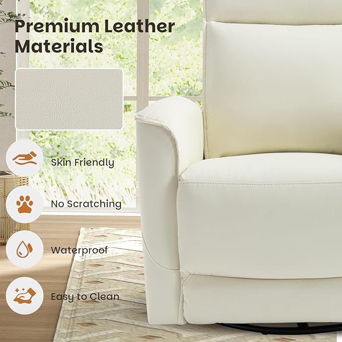 CANMOV Rocker Recliner Chair360°Swivel Nursery Glider ReclinerManual Recliner Sofa with Padded Armrest and BackrestLeather Recliner for Small SpacesLiving RoomBedroom (White)
