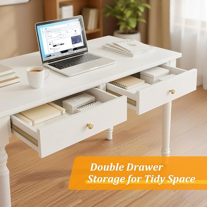 31-inch Solid Wood Desk: A Space-Saving Choice for Small Apartments | Elegant White French Country Style Computer Desk &amp Bedroom Dressing Table | Sturdy Durable and Wobble-Free Workbench