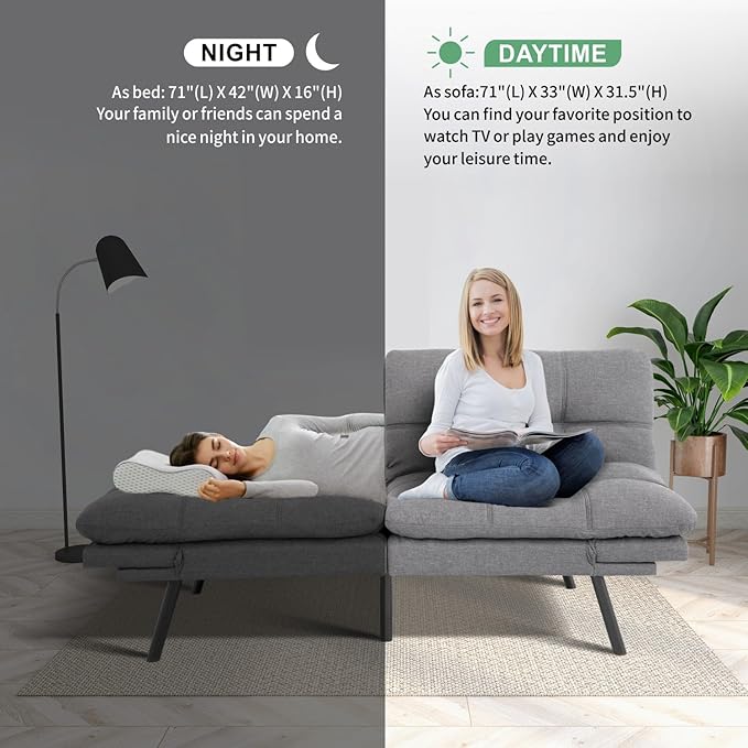 MUUEGM 71 Futon Sofa Bed Convertible Couch Bed Modern Loveseat with Adjustable Backrest&ampArmrest Sofas for Living RoomGame RoomDormitoryOffice.Light Grey Fabric