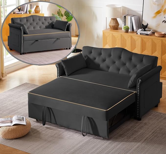 57-Inch Velvet Full Size Sleeper Sofa Couch with Pullout BedConvertible Pull Out with Golden Decorative Strip and Adjustable Backrest for Small SpacesApartment Guest Room RV (Black)