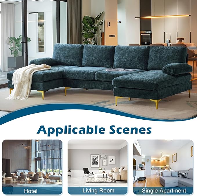 VINGLI 110 Large U-shape Sectional Sofa Couch with 51D Double Chaise for Living Room Modern Sectional Couch Set with Soft 5.9 Thickness Seating Padding Chenille Fabric Metal Gold Legs(Rich Cyan)