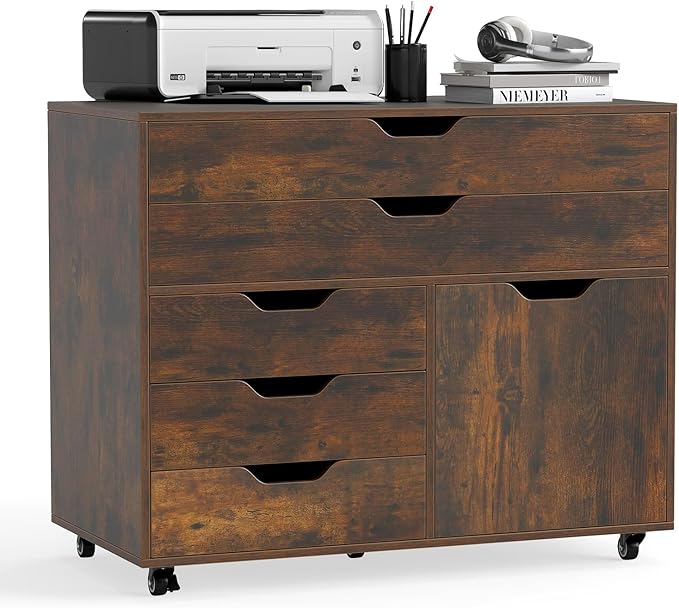MAT EXPERT 5-Drawer Mobile File Cabinet w/Door Lateral Filing Cabinet w/5 Universal Wheels Rolling File Cabinets with Storage Modern Wood Printer Stand for Home Office Living Room (Rustic Brown)