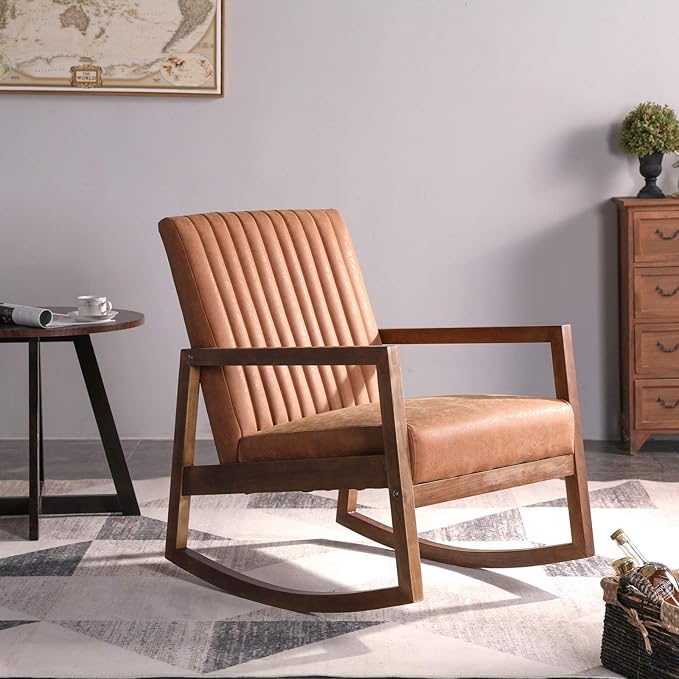 Mid Century Rocking Chair with Wood Frames Faux Leather Upholstered Farmhouse Living Room Chair for Living Room Bedroom Burnt Orange