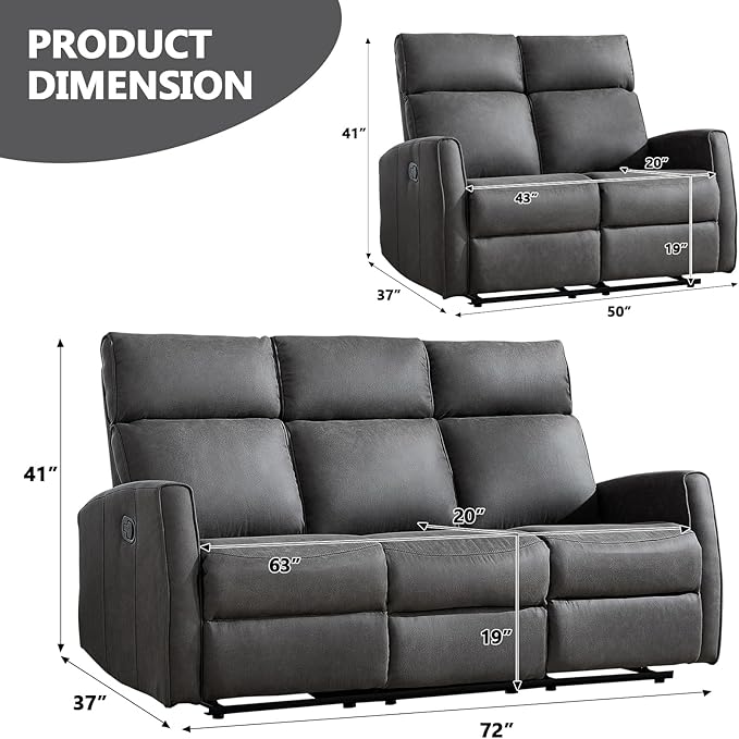 EBELLO Manual Reclining Couch Set for Living Room Wall-Hugger Reclining Living Room Furniture Set Included 2-Seater Recliner Chair and 3-Seat Reclining Sofa Couches for Home and Office Grey