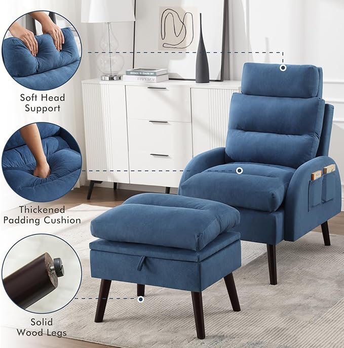Accent Chair with Ottoman Velvet Comfy Reading Chair and Ottoman Set Modern Oversized Velvet Lounge Sleeper Armchair with Adjustable Backrest for Living Room Bedroom Blue