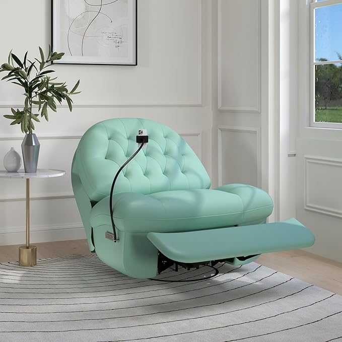 Kinfant Power Swivel Rocker Recliner Chair Swivel Rocking Sofa with Button Control Phone Holder &amp USB Ports for Living Room Bedroom (Green)