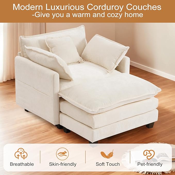 Furniliving Oversized Accent Chair with Ottoman Luxury Chenille Single Sofa Upholstered Deep Seat Chaise Lounge with Pillows for Living Room Bedroom Apartment Beige