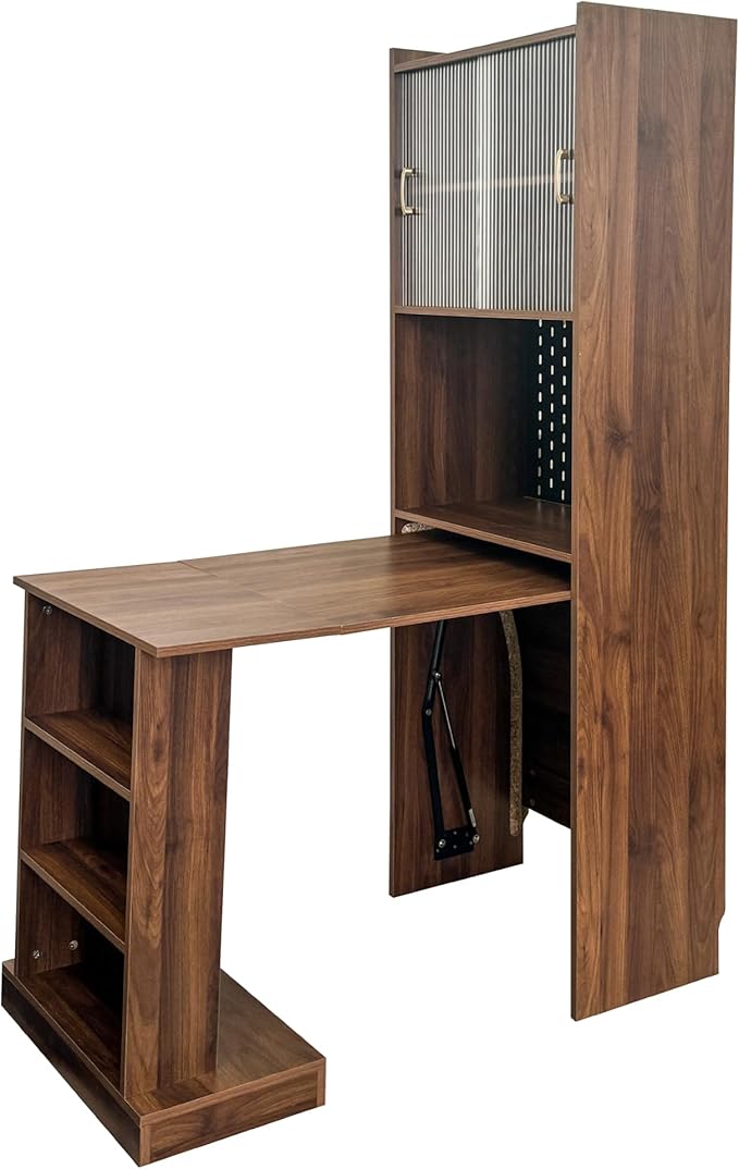 Folding Desk with Storage Space-Saving Foldable Computer Desk with Sliding Glass Doors &amp Pegboard Study Writing Table for Small Spaces Home Office Bedroom Dorm (Walnut)