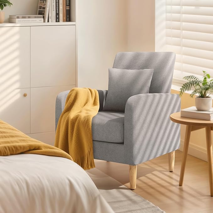 Magshion Mid-Century Accent Chair for Living Room Comfy Reading Chair for Bedroom Upholstered Linen Fabric Armchair Single Sofa with Back Pillow &amp Wood Legs 300 lbs Capacity Gray