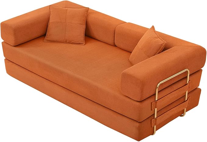 4-in-1 Folding Convertible Sofa Bed 78 Inch Boneless Couch with Fixed-Shape Frame Corduroy Loveseat Sleeper with Pull Out Bed Floor Sofa Modular Futon Couch for Living Room Bedroom Lounge (Orange)