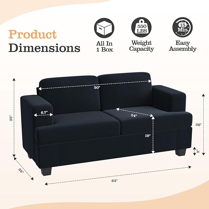 Apicizon Modern Loveseat &amp 3-Seater Sofa Set of 3 Corduroy Couch 3 Piece Sofa Set for Living Room Modern Lounge Sofa Couches for Apartment Lounge Black Corduroy
