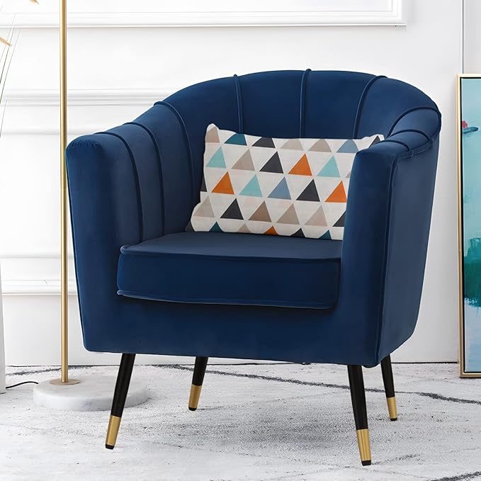 MoNiBloom Modern Accent Chair with Lumbar Pillow Mid-Century Modern Sude Single Sofa Arm Chair for Living Room Durable Upholstered Comfy Barrel Chair w/Gold Metal Legs and Wide Armrest Navy Blue