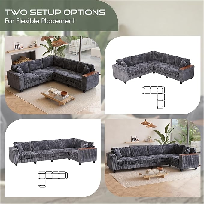97” Modular Sectional Sofa Corduroy Couch Sectional with 2 Pillows Oversized Sectional Sofa L Shaped Couch Armrests with Two Hidden Storage Space Sectional Couches for Living Room Grey