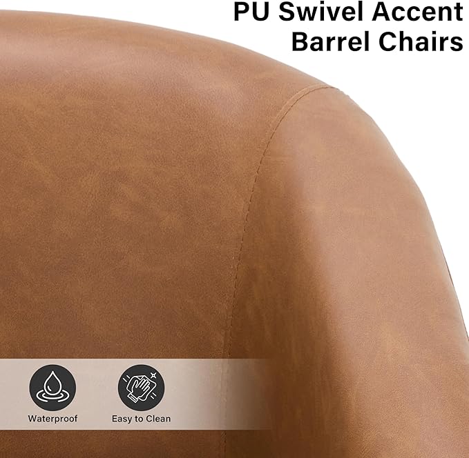 Lumibee Faux Leather Swivel Barrel Chairs Upholstered Comfy Round Swivel Accent Chair 360° Rotation Single Sofa Club Armchair for Living Room Reading Room Bedroom Brown