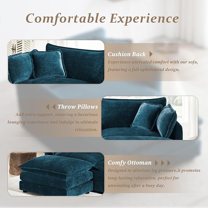 SoarFlash Chenille Sectional Sofa Comfy Modular Loveseat Sofa Modern 3-Seat Couch Deep Seat Sofa Set for Living RoomDeep Blue