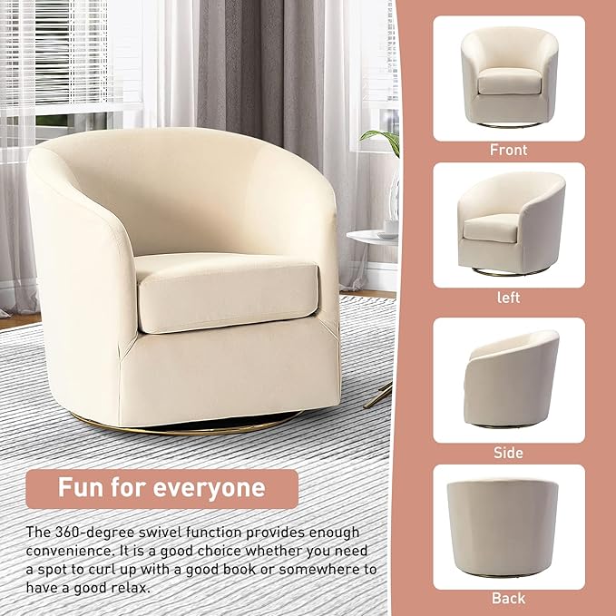 HULALA HOME Swivel Accent Chair with Gold Metal Base Set of 2 Contemporary Velvet Curved Swivel Barrel Chair Upholstered Club Armchair Leisure Single Sofa for Living Room Nursery Bedroom(TAN)