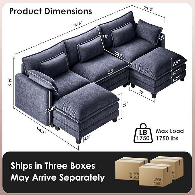 Marsail Modular Sectional Sofa 110.6 U-Shaped Modern Comfy Cloud Couch 5-Seat Chenille Deep Seat Sofa with Throw Pillow &amp Movable Ottoman for Living Room Bedroom and Apartment Navy Blue