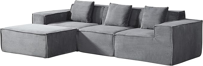 Rowan Convertible Corduroy Sectional Couch with Ottoman &amp Pillows Modular L Shaped Sleeper Sofa Boneless Cloud Couch for Living Room Furniture Dark Grey