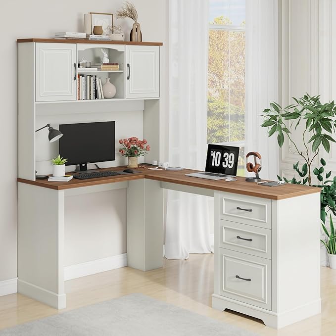 Vabches Farmhouse 68 H L Shaped Executive Desk with Hutch Computer Desk with Charging Station Corner Wood Workstation with File Drawers and Barn Doors for Home Office and Study
