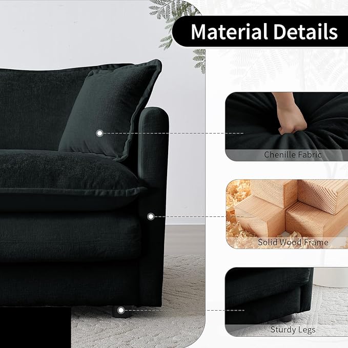 Chenille Oversized Accent Chair 41.4 Comfy Modular Single Sofa Cloud Couch Chair Upholstered Deep Seat Armchair with Pillow for Living Room Bedroom Family Room Reading Nook Black