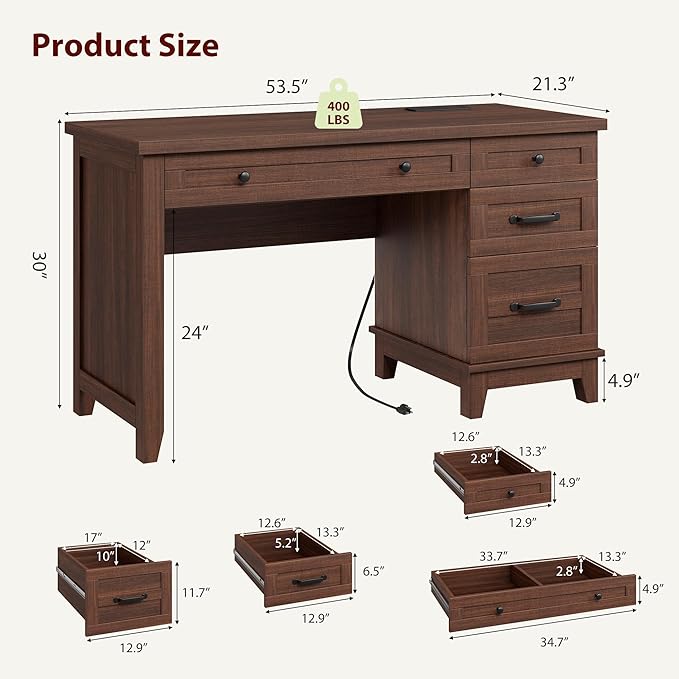 GarveeHome Executive Desk with Drawers Farmhouse Home Office Desk with Charging Station 53.54 in Wooden Computer Desk with File Cabinet Storage for Work Study WritingWalunt Brown