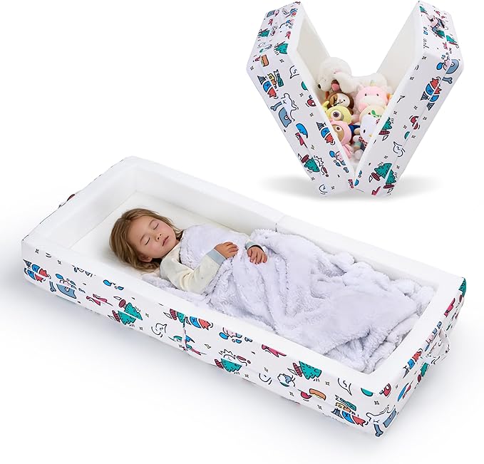 Portable Foldable Toddler Travel Bed – Air Layer Fabric Soft Foam Floor Crib with Safety Rails No Assembly Washable Cover Compact Kids Sleep Solution for Home Trips &amp Daycare Cream