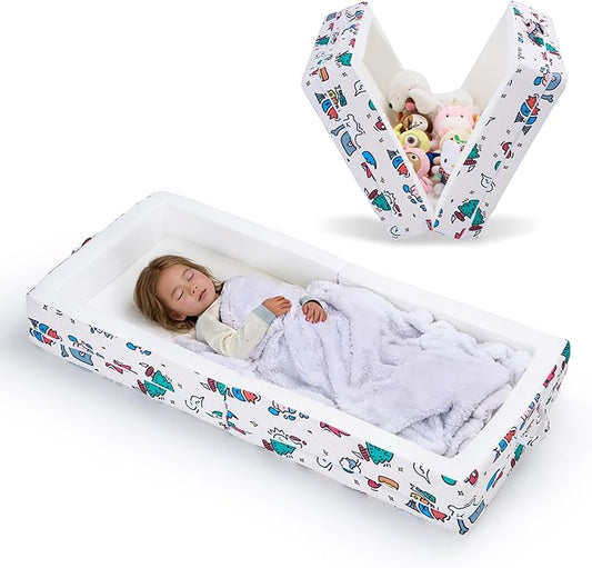Portable Foldable Toddler Travel Bed – Air Layer Fabric Soft Foam Floor Crib with Safety Rails No Assembly Washable Cover Compact Kids Sleep Solution for Home Trips &amp Daycare Cream