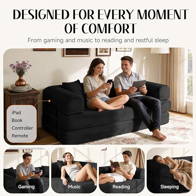 79 Corduroy Sofa Bed Boneless Couch in a Box with 2 Pillows High-Density Foam 4-in-1 Foldable Sleeper Futon Loveseat for Small Spaces No Assembly Side Pockets Black