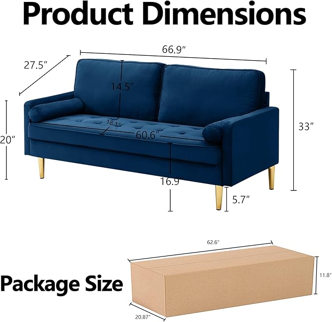 65 Inch Green Velvet Couch Small Loveseat Sofa &amp Office Sofa for Small Space Couch for Bedroom Livingroom 2 Pillows Gold Legs Tufted Seat (Navy)