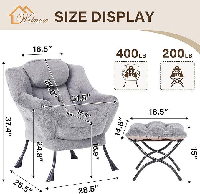 Welnow Lazy Chair with Ottoman Modern Accent Chair with Armrests and a Side Pocket Leisure Sofa Armchair Reading Armchair with Footrest for Small Space Plush Grey