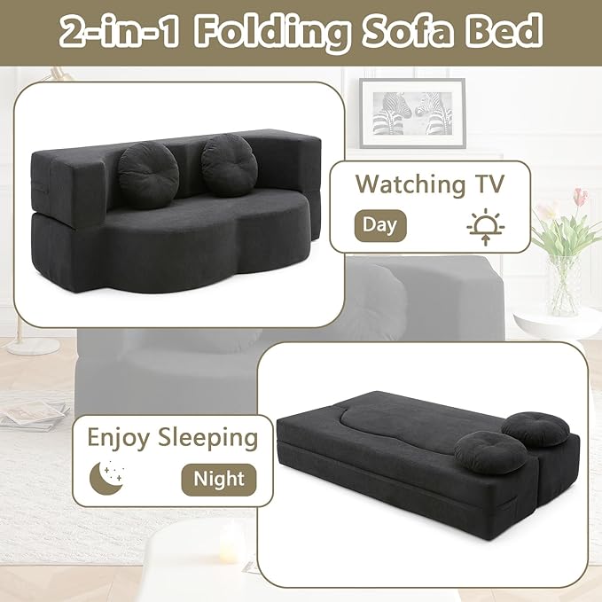 2-In-1 Futon Sofa Bed Foldable Couch with 2 Pillows Convertible Foldable Sofa Bed Folding Sofas Beds for Living Room Guest Room Apartment Office Lazy Sleeper Comfy No Assembly (Black)
