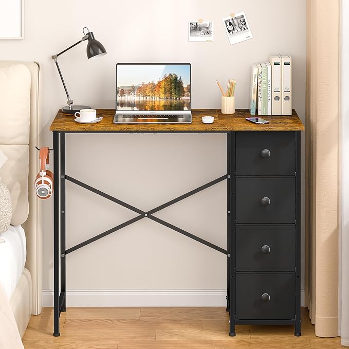 Small Computer Desk with 4 Fabric Drawers 36 Inch Reversible Writing Desk for Home Office Bedroom Modern Simple Kids Student Study Desk with Storage Compact Desk for Small Spaces Rustic Brown
