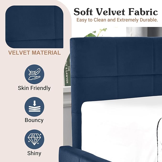 Queen Corner Bed Frame with Storage Drawers Modern Velvet Upholstered Sofa Day Bed Frame with Wood Slats for Living Room Bedroom Guest Room No Box Spring Needed Dark Blue