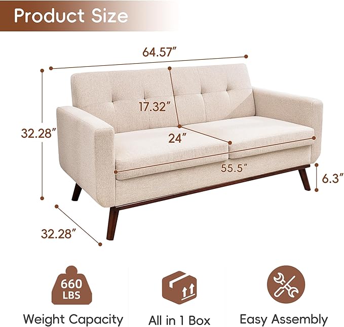 Kingfun 65 W Loveseat Sofa Mid Century Modern Decor Love Seat Couches for Living Room Button Tufted Upholstered Furniture Solid &amp Easy to Install Small Couch for Bedroom Office ApartmentOatme
