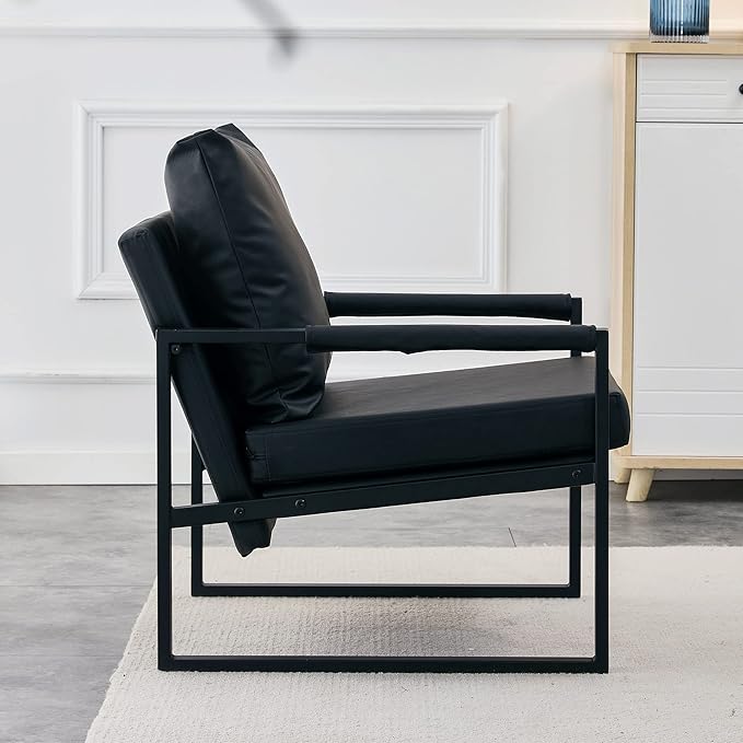 PU Leather Accent Arm Chair Mid Century Modern Upholstered Armchair with Metal Frame Extra-Thick Padded Backrest and Seat Cushion Sofa Chairs for Living Room (Black PU Leather + Metal Frame + Foam)