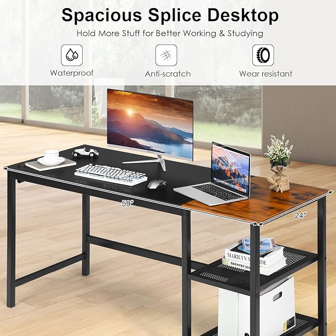 COSTWAY 59” Computer Desk with 2 Removable Storage Shelves Industrial Writing Workstation with Headphone Hook for Home Office Gaming Desk (Black)