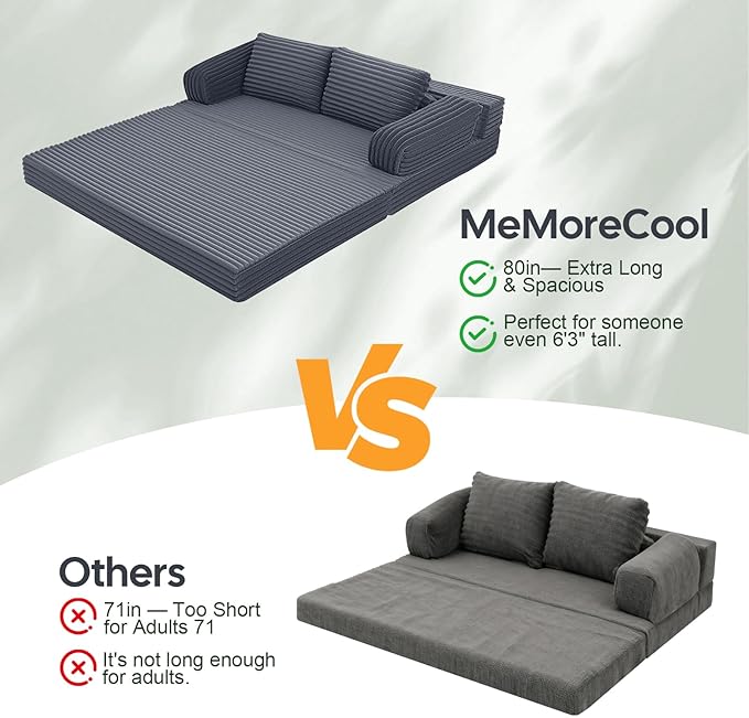 MeMoreCool Convertible Sofa Bed Folding Floor Couch Bed Queen Pull Out Sleeper Couch with Pillows Fold Out Futon Sofa for Bedroom Living Room Small Space Corduroy Grey
