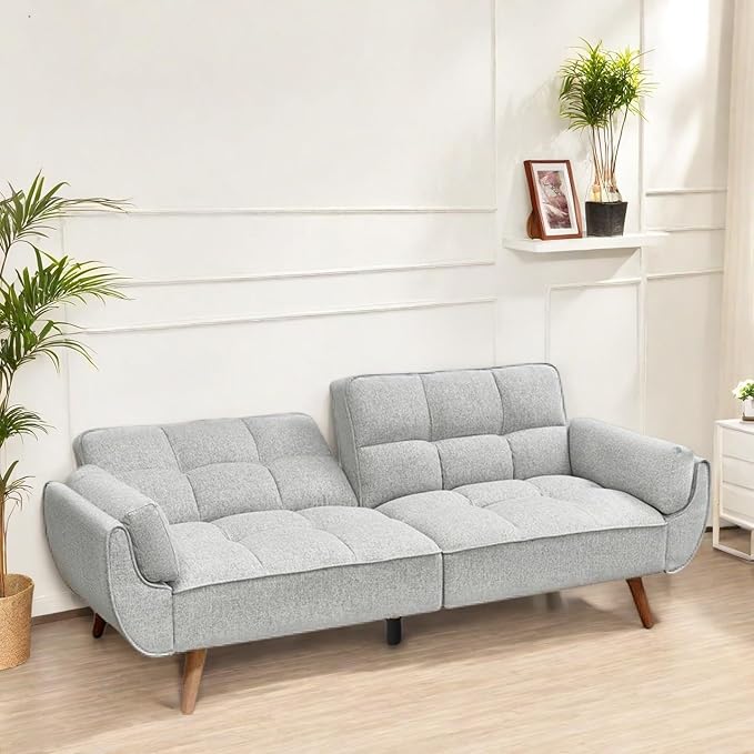 Convertible Futon Sofa Bed Modern Futon Couch with 2 Pillows Small Futons Couch with Adjustable Armrest &amp Backrest Loveseat Sofa Bed for Living Room Bedroom Gray