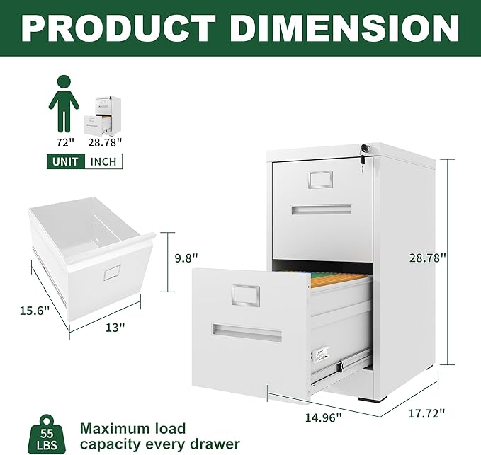 2 Drawer File Cabinet with Lock Small A4 Legal/Letter Size Filing Cabinets Under Desk Storage Organizer for Home Office Locking Cabinet DrawersWhite