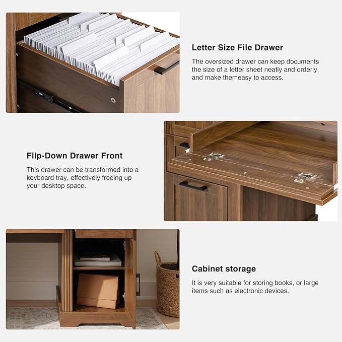 59.5 Farmhouse Executive Desk with Hutch Computer Desk with 6 Drawers File Drawer Cabinet Storage and Charging Station Home Office Writing Desk for Study BedroomBrown