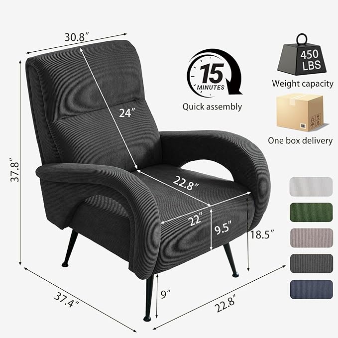 Corduroy Accent Chairs for Living Room High Back Reading Chairs for Bedroom Mid-Century Modern Comfy Upholstered Armchar for Bedroom Reading Nook Apartment Dark Grey