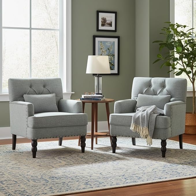 HUIMO Accent Chairs Set of 2 Tufted Club Chair Set of 2 with Lumbar PillowUpholstered Button Armchair Linen Fabric Sofa Chairs for Bedroom Living Room Mid Century Modern Reading ChairLight Blue