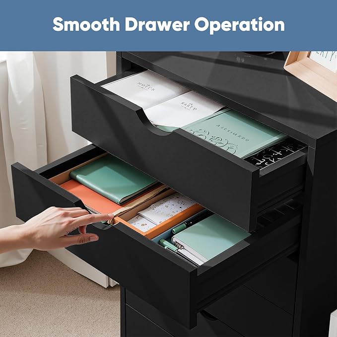 OLIXIS 7 Drawer Mobile File Cabinet Under Desk Storage Organization with Wheels Vertical Filing Chest Rolling Wood Small Desk Printer Stand for Home Office 15.75D x 18.74W x 34.25H Black