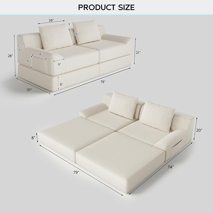 79 Convertible Sofa Bed Upholstered Boneless Couch Loveseat Sleeper with Pull Out Bed Corduroy Futon Couch Floor Folding Sofa Modular Futon Couch for Living Room Bedroom Lounge Beige