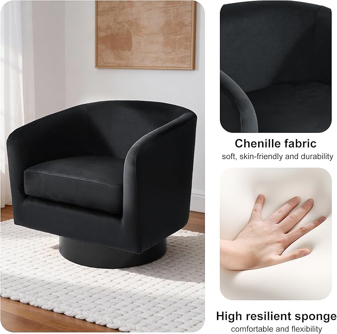 Swivel Barrel Accent Chair Modern Round Chenille Fabric Arm Chair for Living Room Bedroom Comfy Club Reading Chairs for Adults（Velvet Black Set of 2