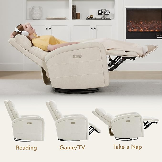 Watson &amp Whitely Swivel Power Recliner Glider Rocker Nursery Recliner with Charging Port for Living Room Fabric in Linen